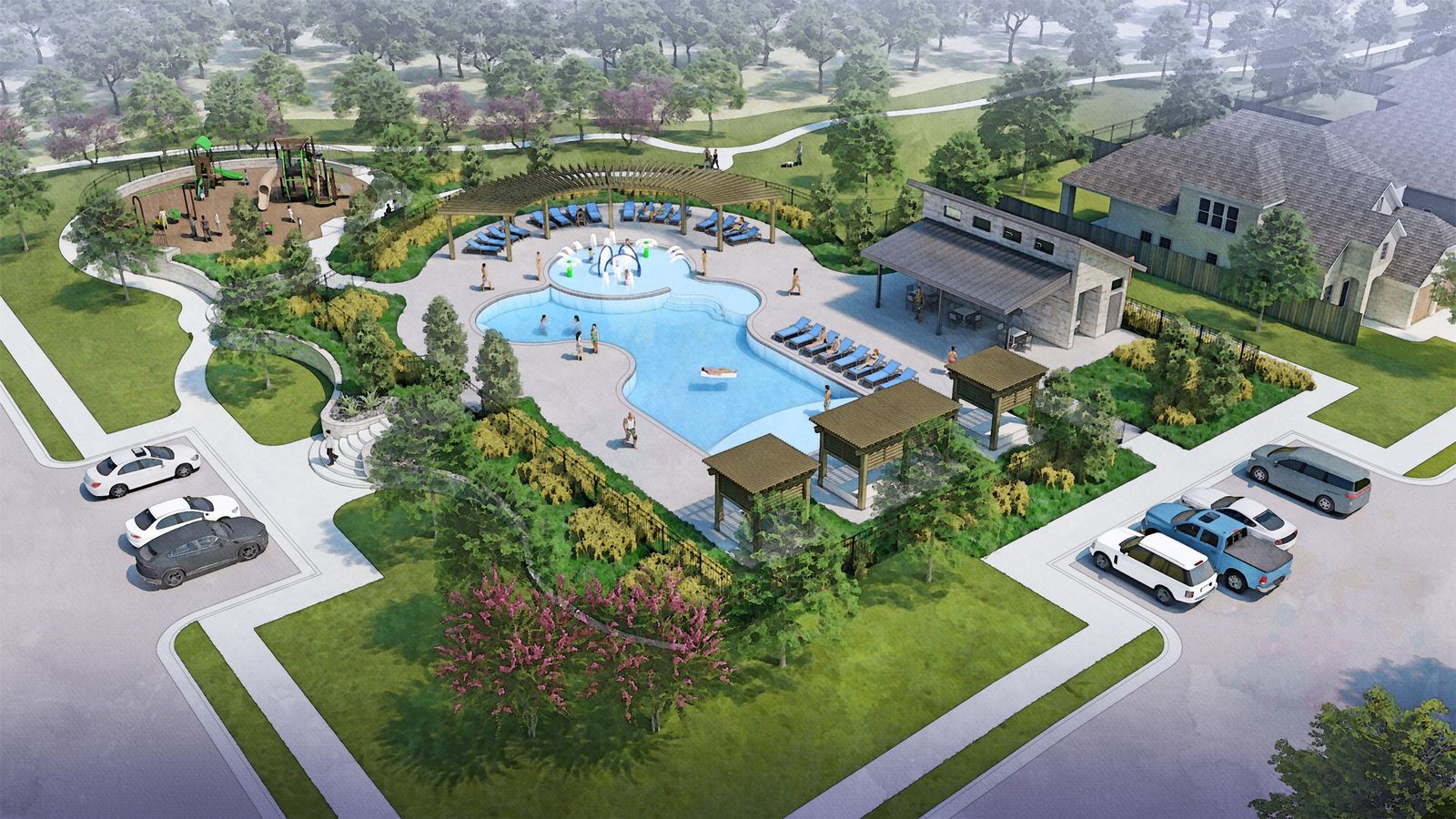 Discover Simpson Crossing's luxurious pool, chic cabanas, and serene playground. Exquisite modern designs await.