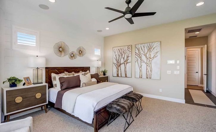 Sophisticated space with sleek ceiling fan, textured wall art, and plush accents in Canyon Views.
