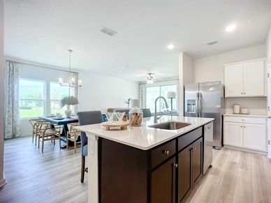 Luxurious kitchen with quartz island, stainless appliances, and designer lighting in Panther Creek.