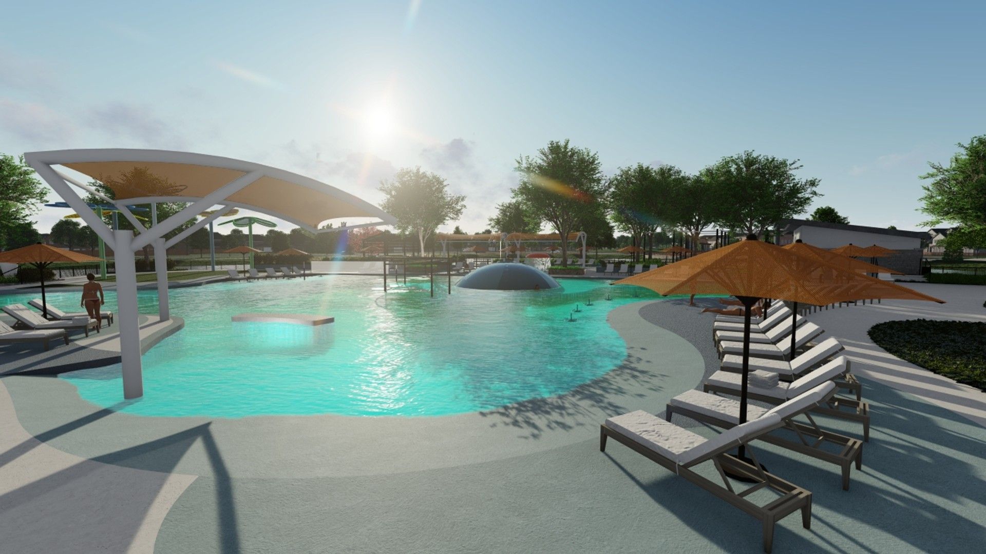 Indulge in opulence at Solterra's pool, featuring sleek cabanas, chic umbrellas, and elegant loungers. Texas elegance.