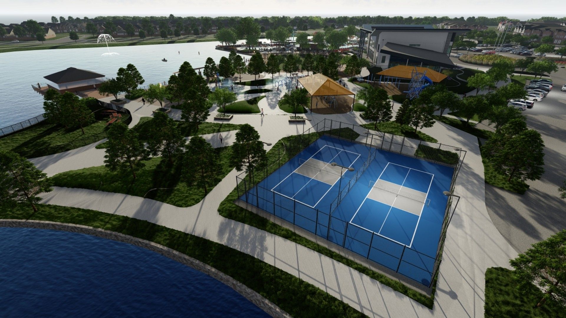 Elegant tennis courts and serene lakeside pavilions framed by lush landscape in Solterra, Texas.