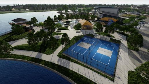 Elegant tennis courts and serene lakeside pavilions framed by lush landscape in Solterra, Texas.