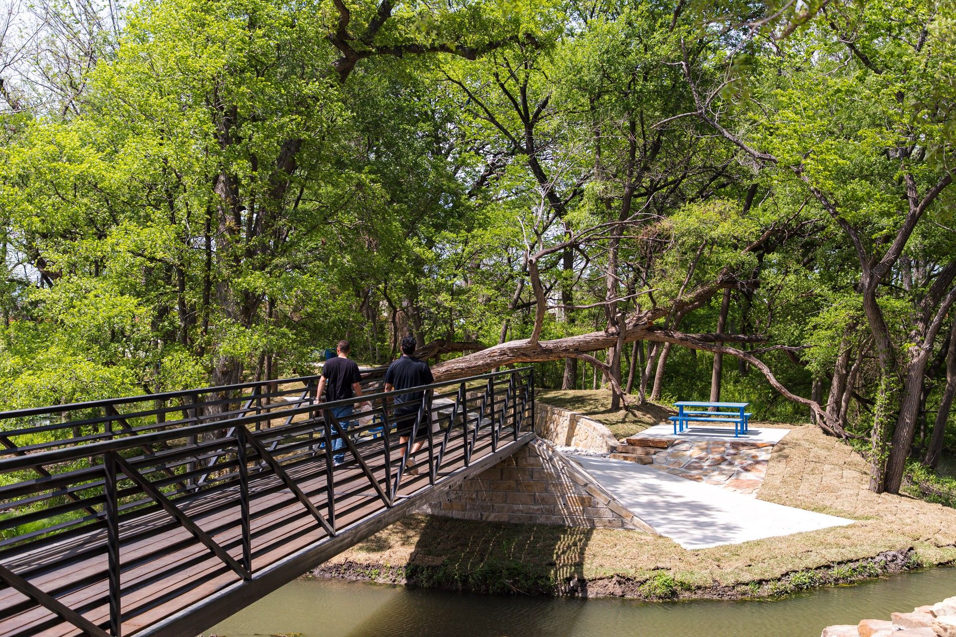 Elegant pedestrian bridge and serene bench area amidst lush greenery in Solterra, Texas.