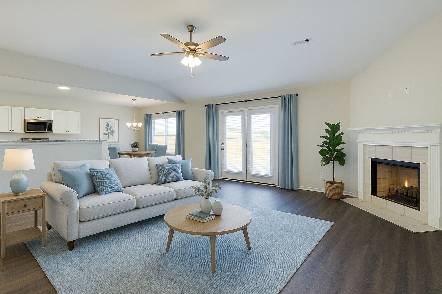 Staged Living Space and Fire Place and Eat in Kitchen