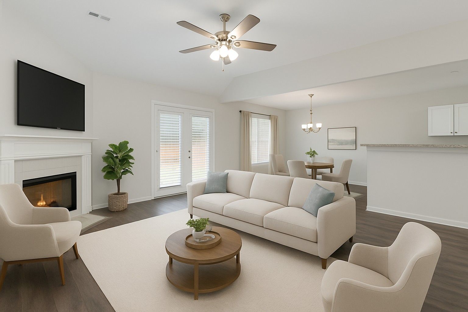 Living Space with Fire Place and Eat in Kitchen