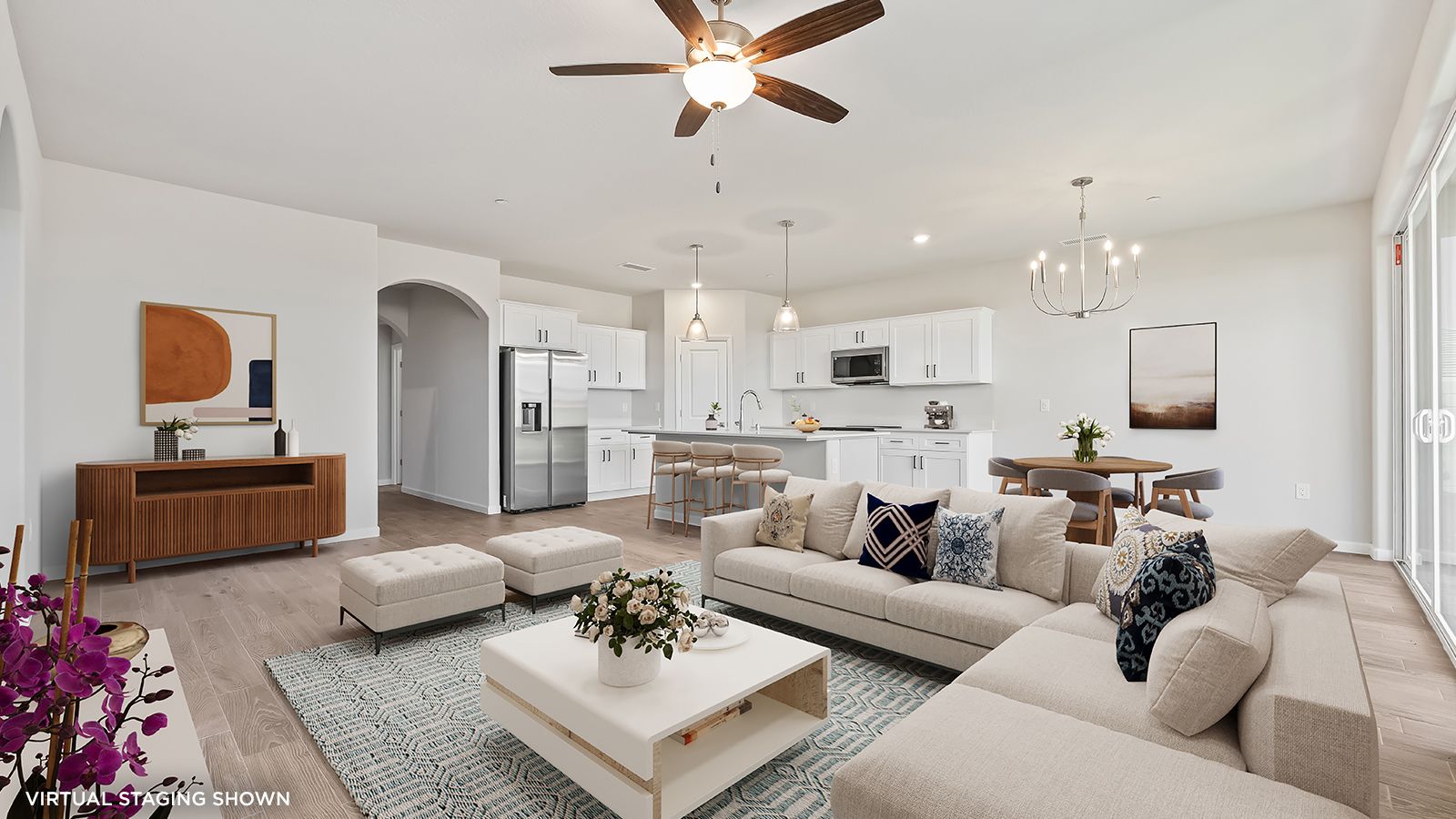 Great Room and Kitchen - Shown with virtual staging