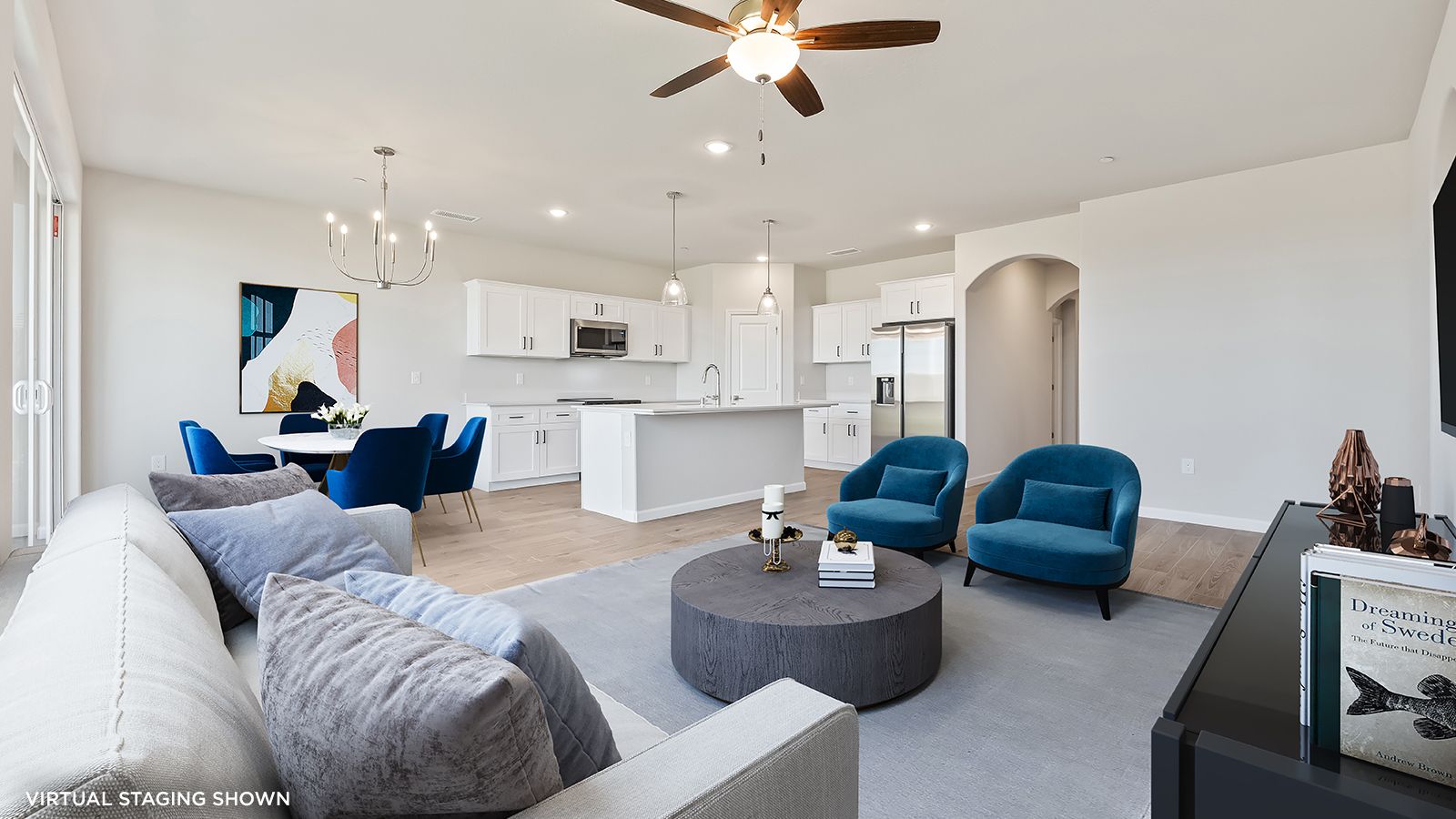Great Room and Kitchen - shown with virtual staging