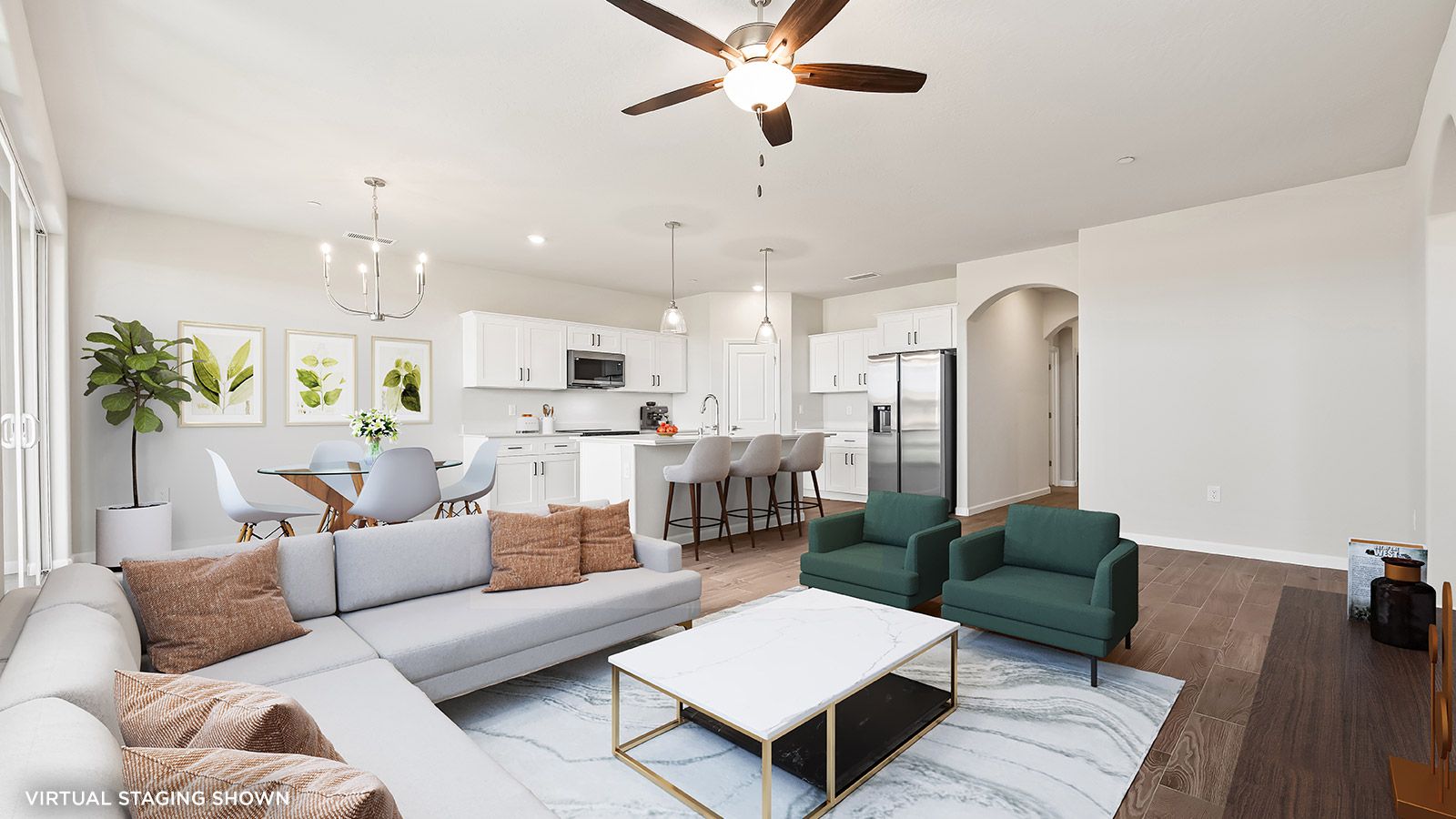 Great Room, Kitchen, and Dining Area (shown with virtual staging)