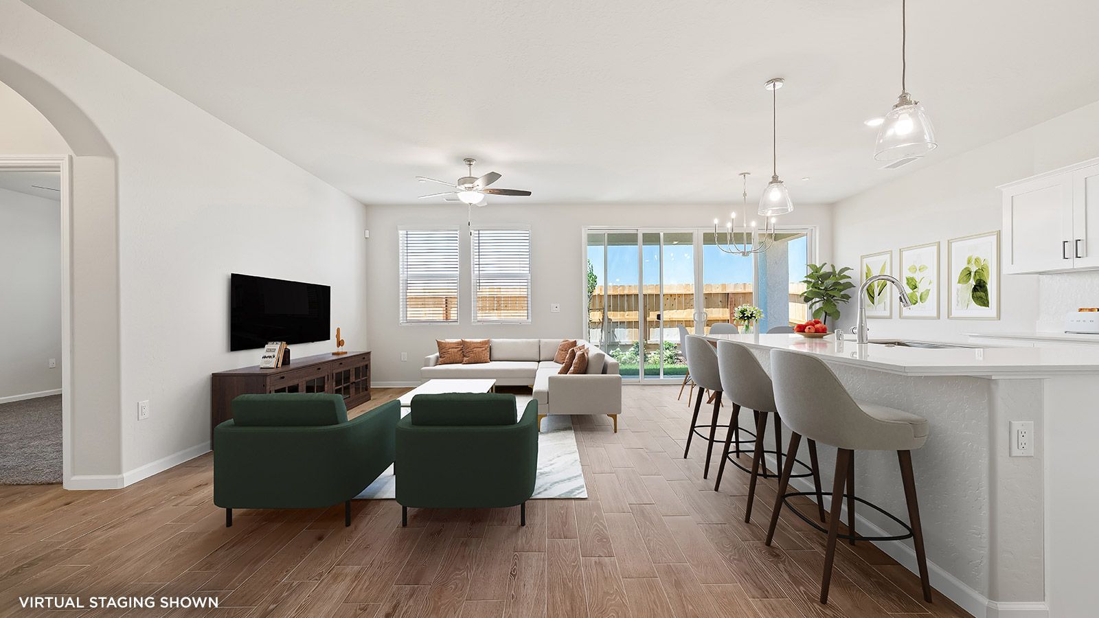 Great Room and Kitchen (shown with virtual staging)