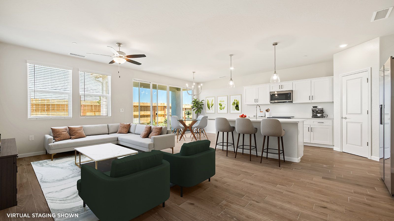 Great Room, Kitchen, and Dining Area (shown with virtual staging)
