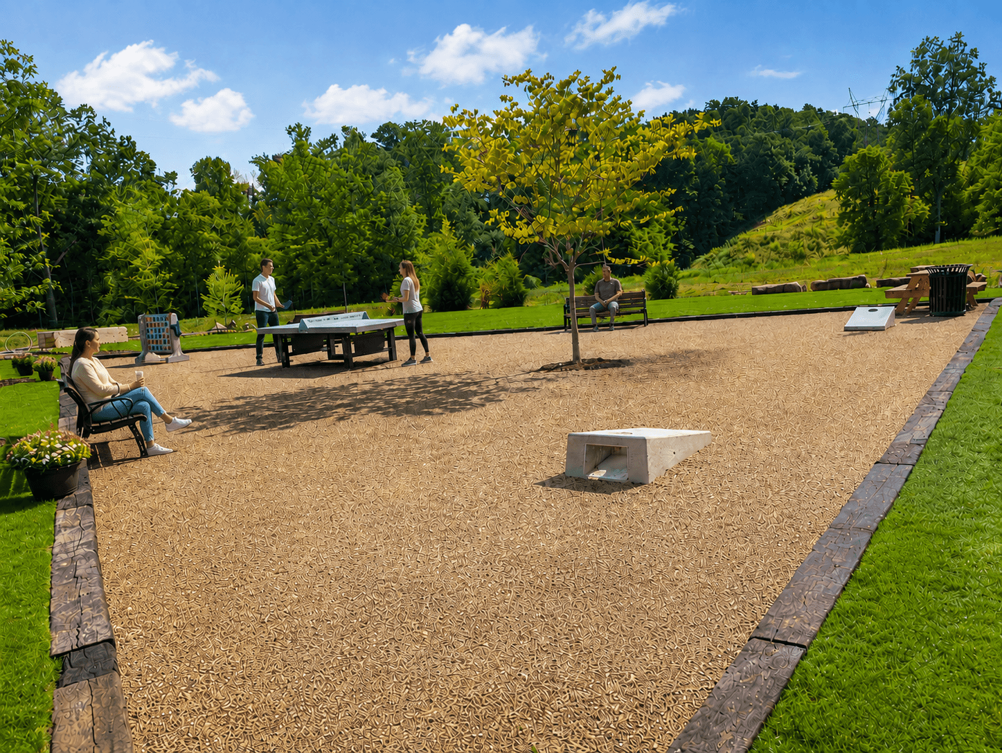 Gathering lawn with ping pong and corn hole plus seating areas