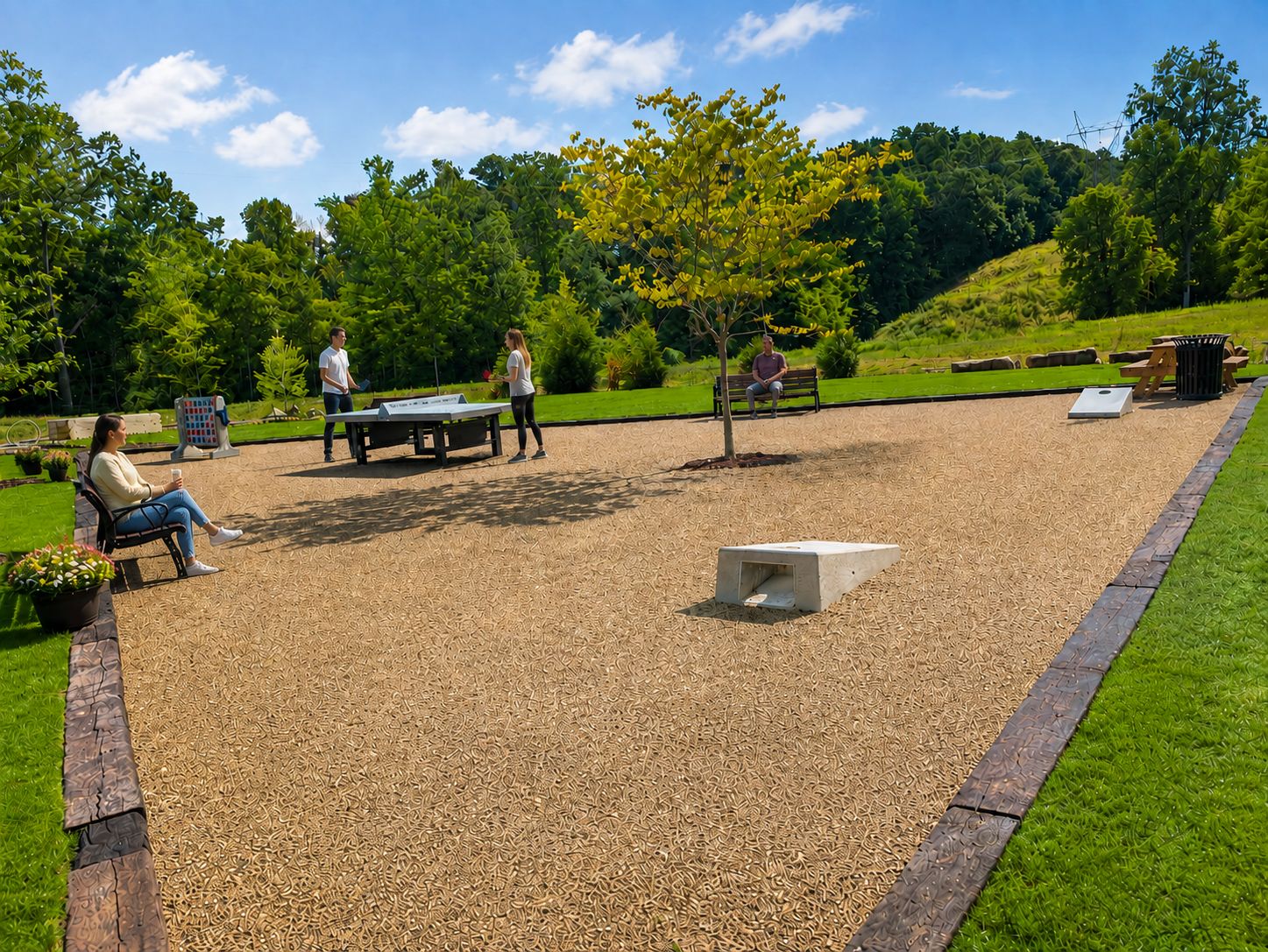 Gathering lawn with ping pong and corn hole plus seating areas