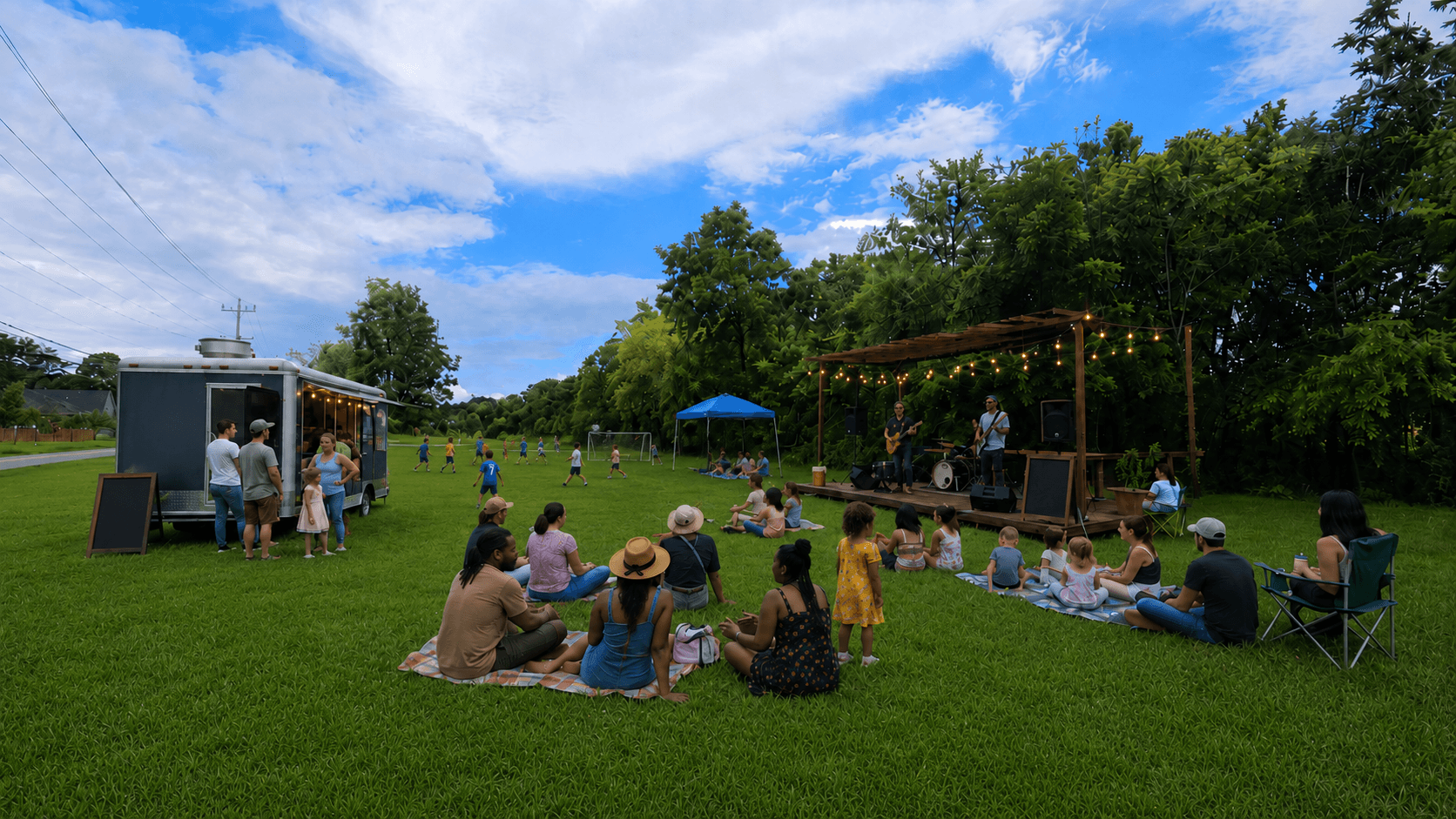 A large grassy field for play, picnics, and community events