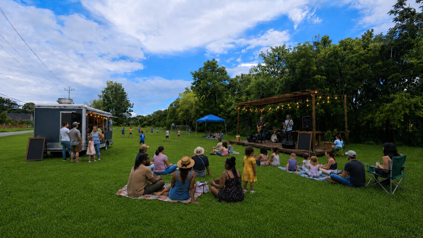 A large grassy field for play, picnics, and community events