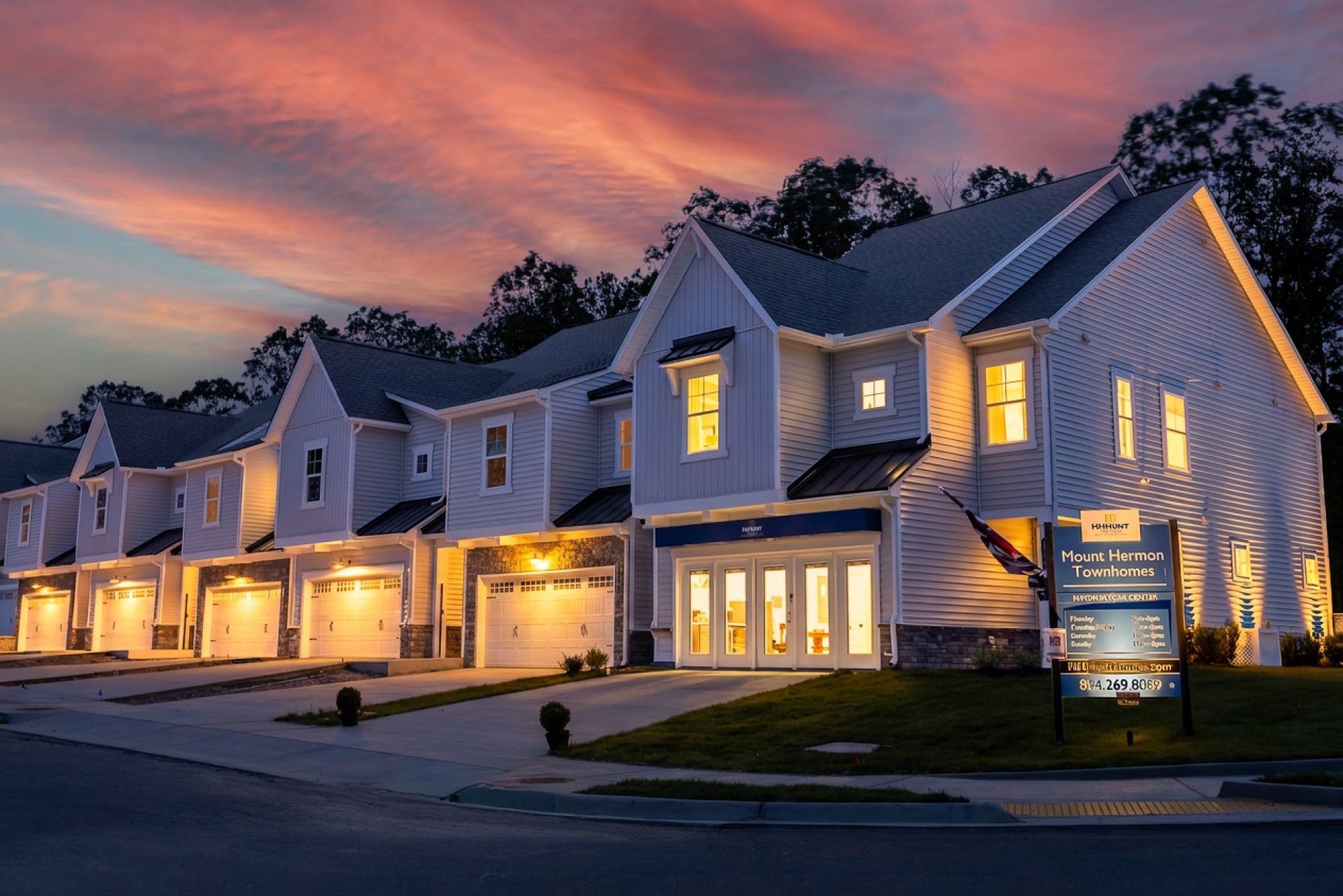 HHHunt Homes Mount Hermon Townhomes Dusk Streetscape