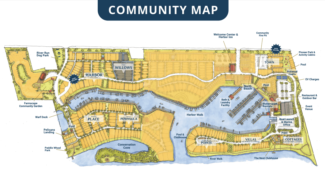 Heritage Harbor's community map highlights neighborhoods, amenities and more.