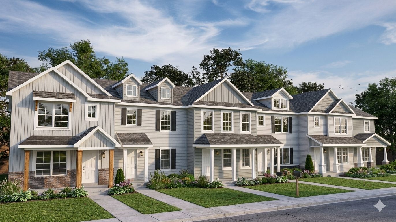 A graphic representation of The Grove townhome front elevation