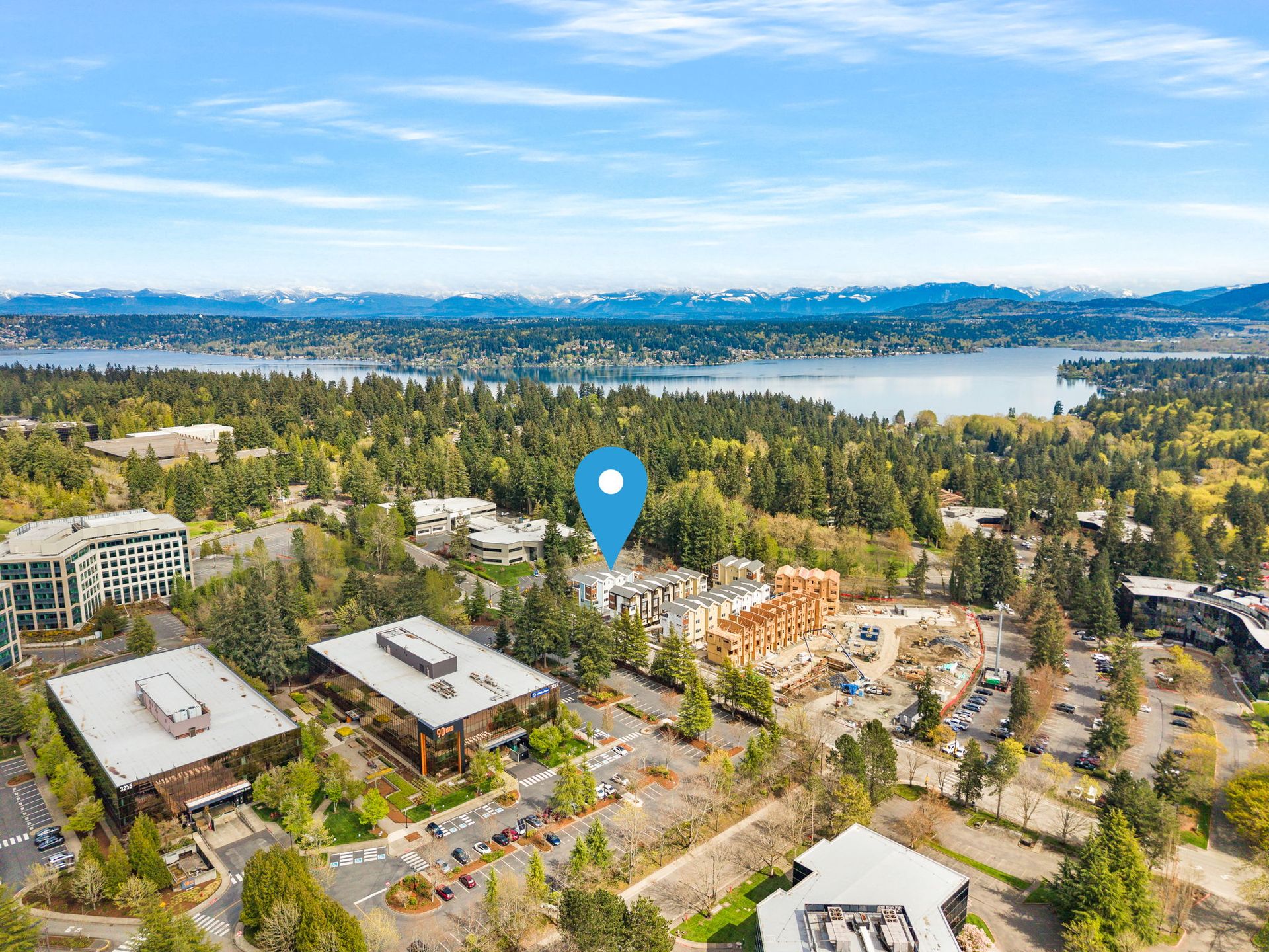 Bird's eye view of Stratos and the communities proximity to Lake Sammamish