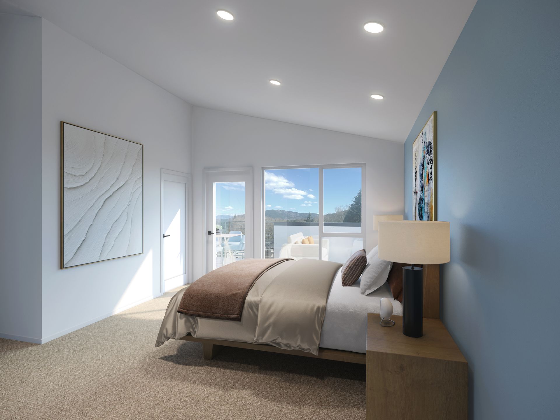 A beautifully appointed primary bedroom pairs a distinctive shed roof with a private deck, bringing natural light and an inviting connection to the outdoors. Shown here: Glacier, Highland, and Cascade.