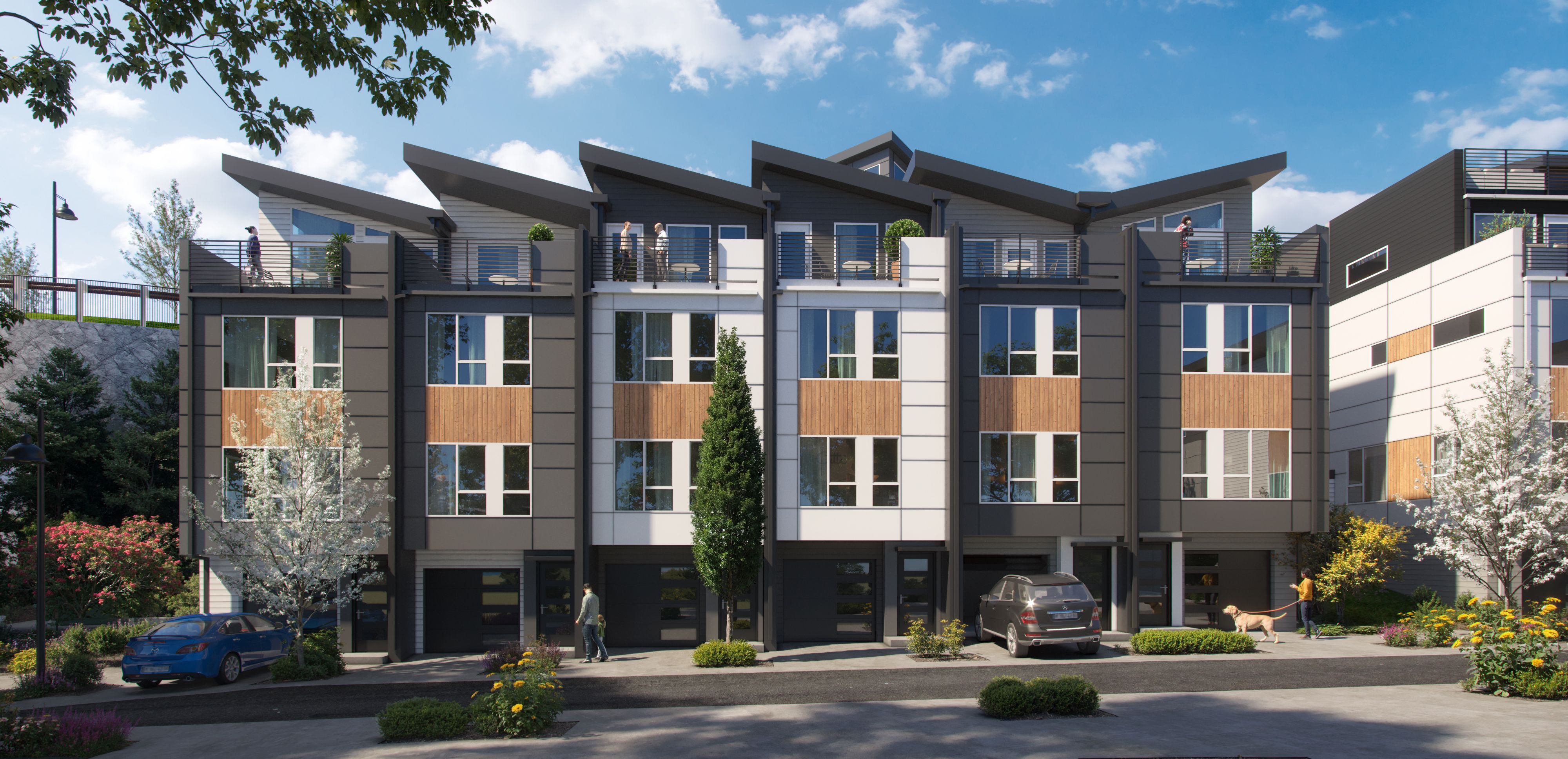 Select floor plans extend the top-floor loft or primary bedroom experience outdoors with a private deck. Shown here: Highland, Alpine, and Pinnacle.