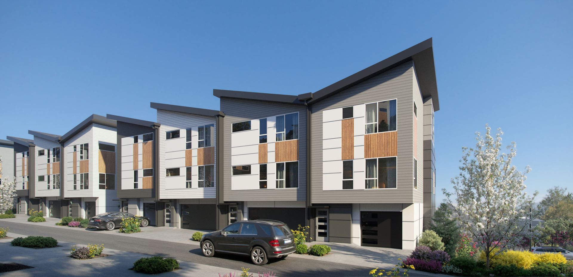 A selection of Everra floor plans feature distinctive shed-roof architecture, while all homes have the convenience of an attached 2-car garage. Shown here: Elevation, Summit, and Glacier.