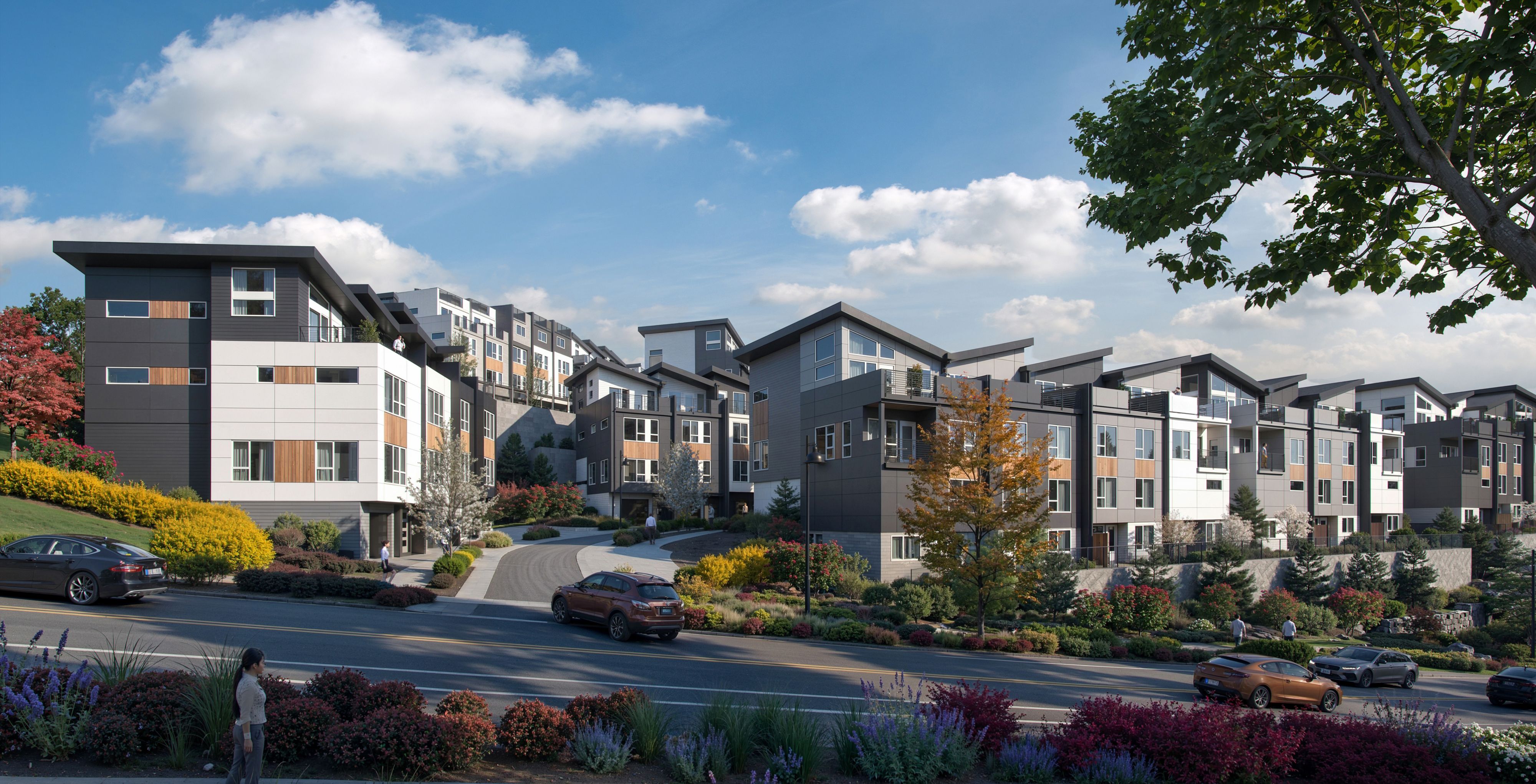 The lower entrance to Everra along Shangri-La Way NW welcomes residents into a thoughtfully designed neighborhood surrounded by the natural beauty of Talus.