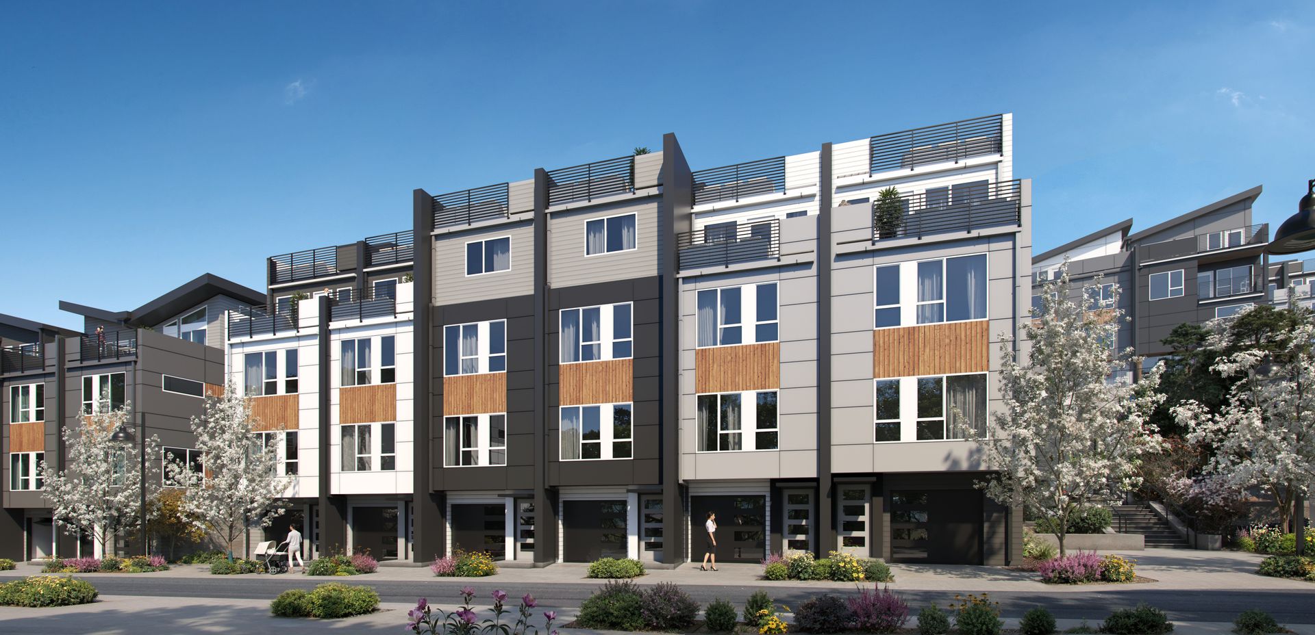 Take outdoor living higher with select Everra floor plans featuring private rooftop decks. Shown here: Horizon, Overlook, Peak, and Vista.