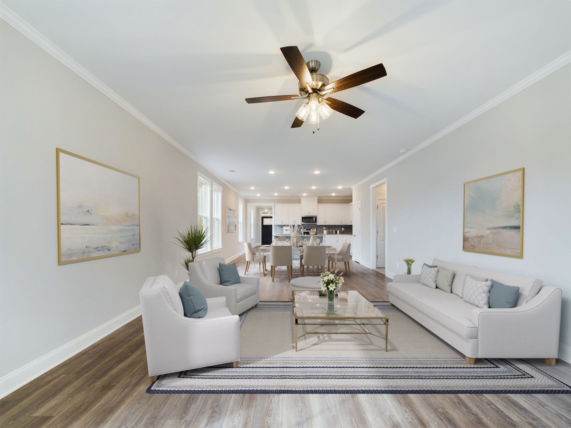 The Finch Plan | Staged Living Area and Kitchen Floorplan Representation Photo