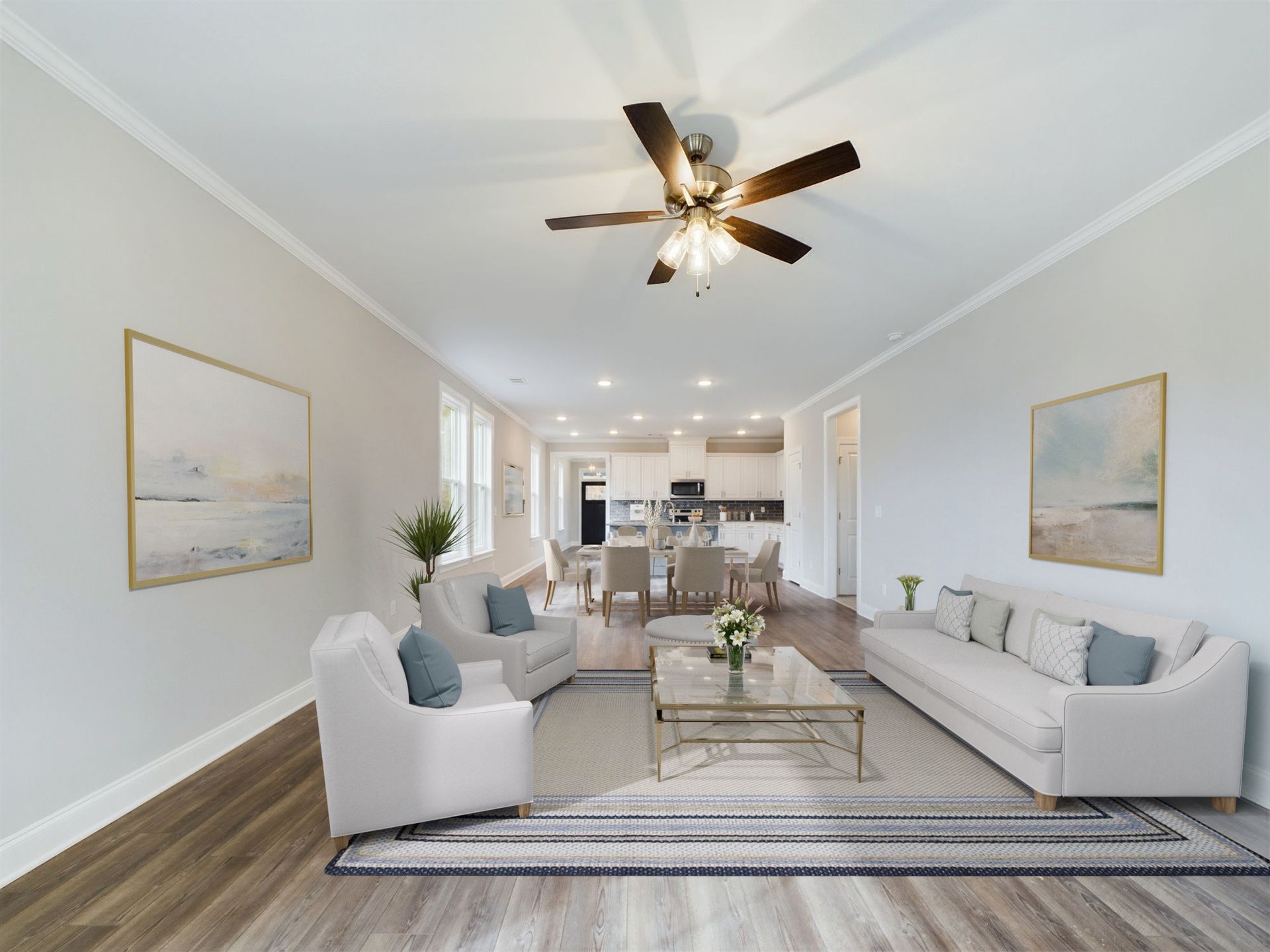 The Finch Plan | Staged Living Area and Kitchen Floorplan Representation Photo