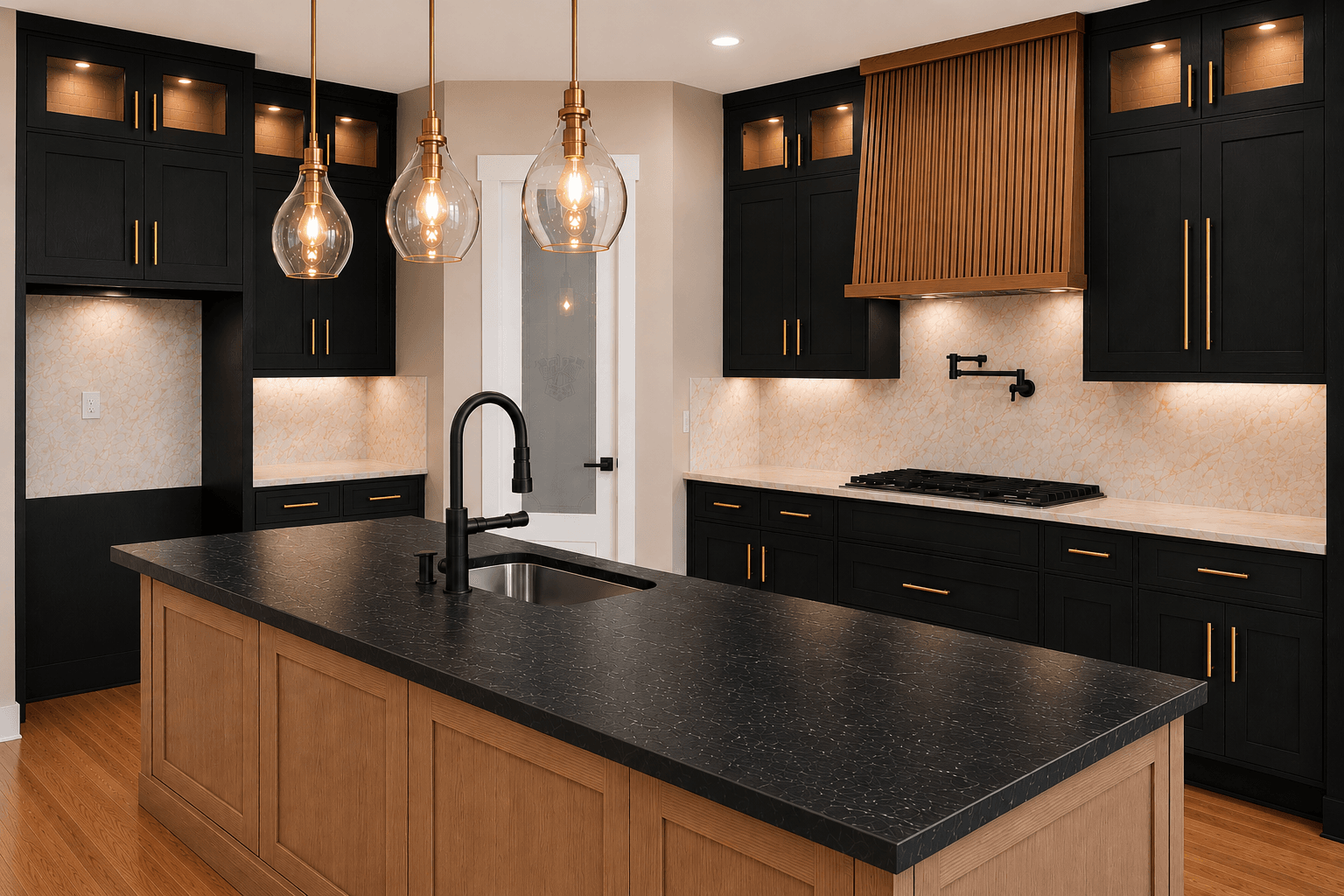 Oak wood cabinets, quartz and marble counter