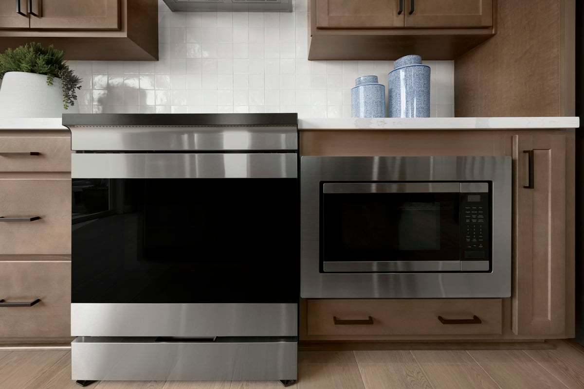 Plan 1787 Modeled - Slide-in range and lower cabinet microwave
