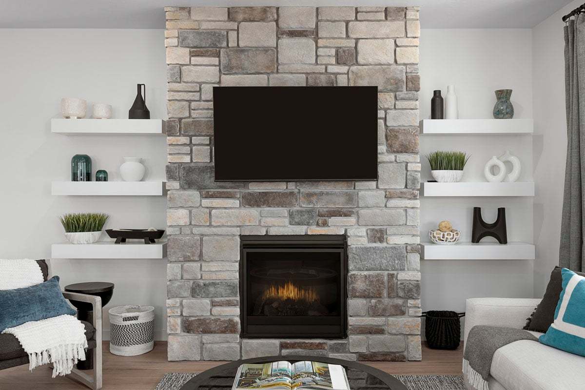 Plan 2755 Modeled - Gas fireplace with stone surround at great room