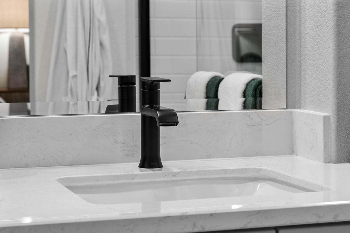 Plan 1302 Modeled - Upgraded matte black bath fixtures and accessories