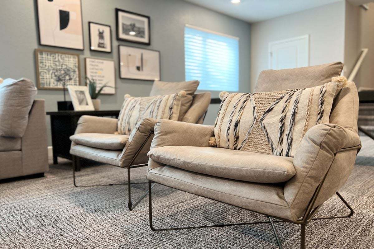 Plan 1384 Modeled - Lounge chairs in finished basement