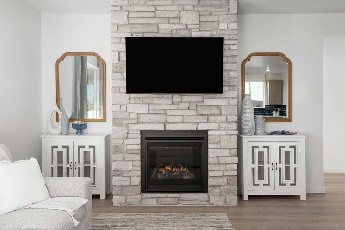 Plan 1646 Modeled - Gas fireplace with stone surround at great room