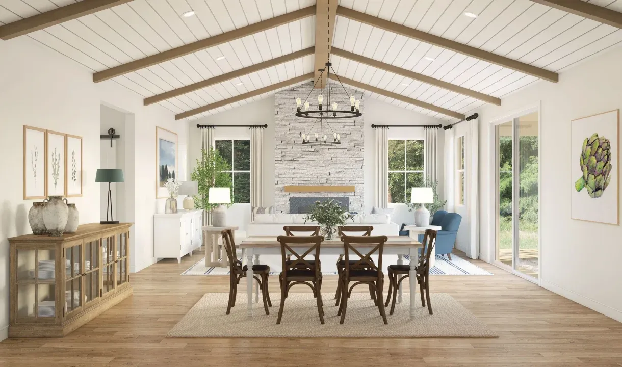 Dining area with vaulted shiplap ceilings and stained ceiling beams