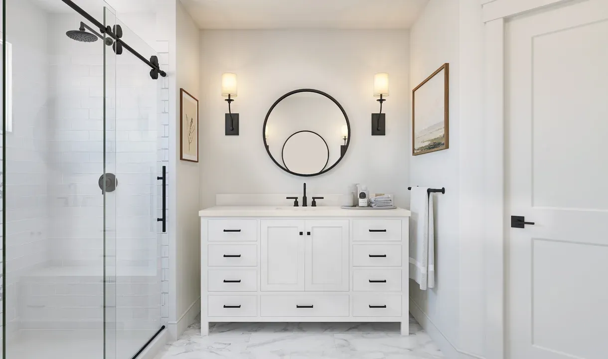 Primary bath with freestanding vanity