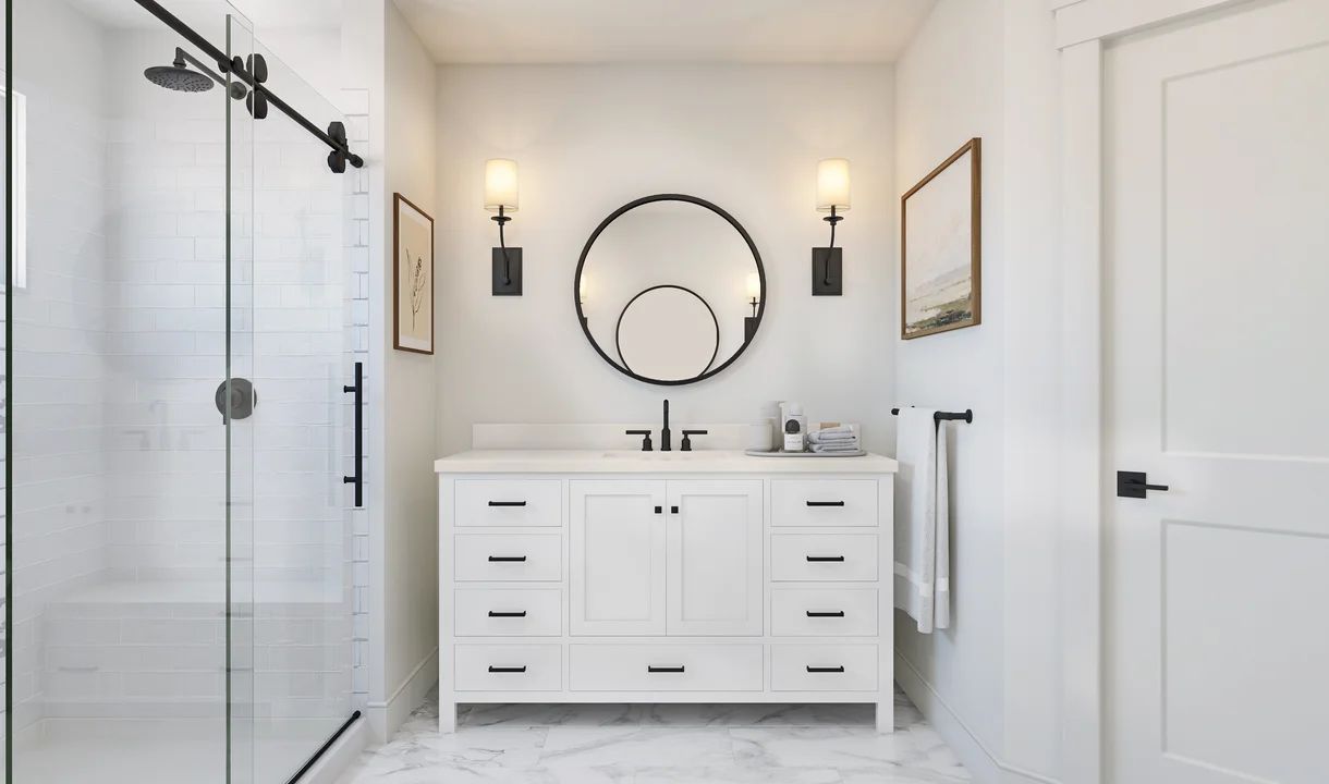 Primary bath with freestanding vanity