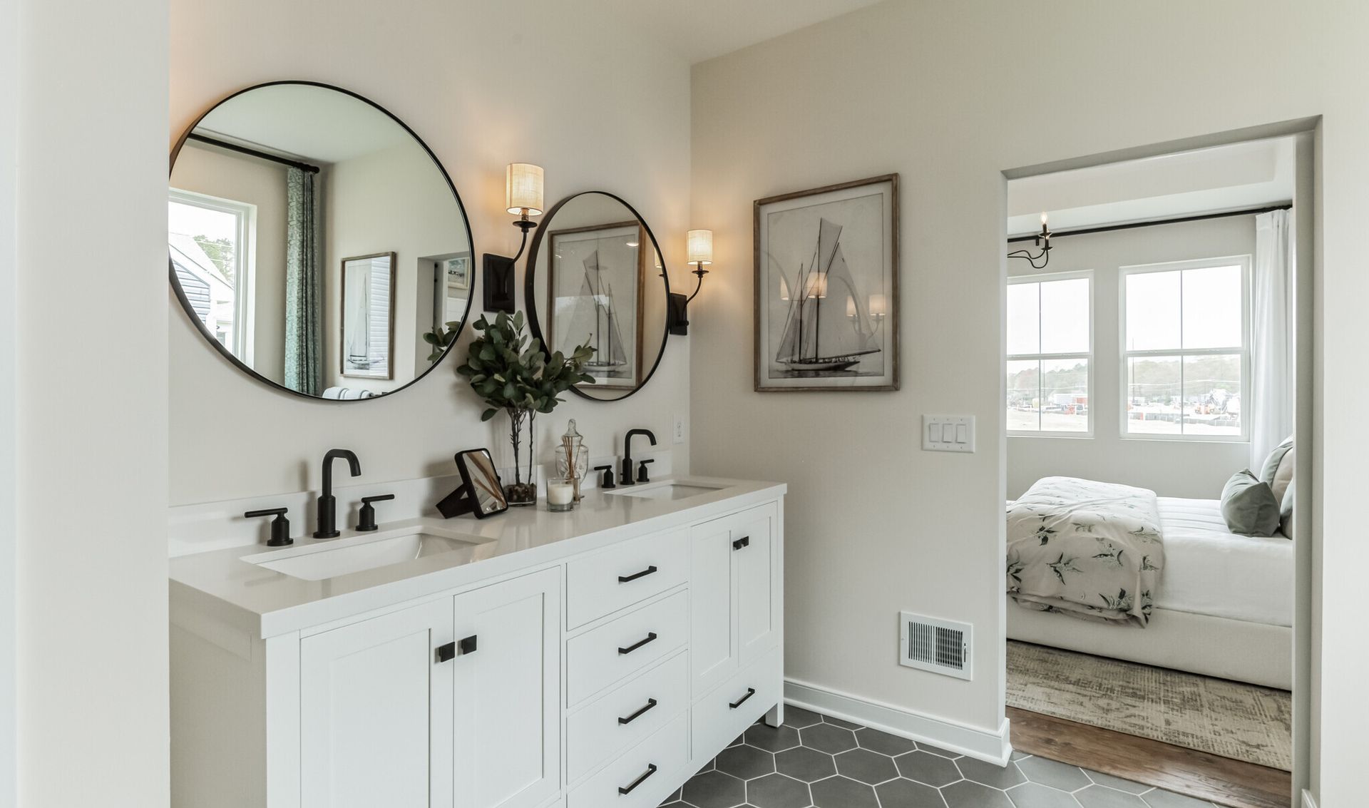 Primary bath with matte black hardware