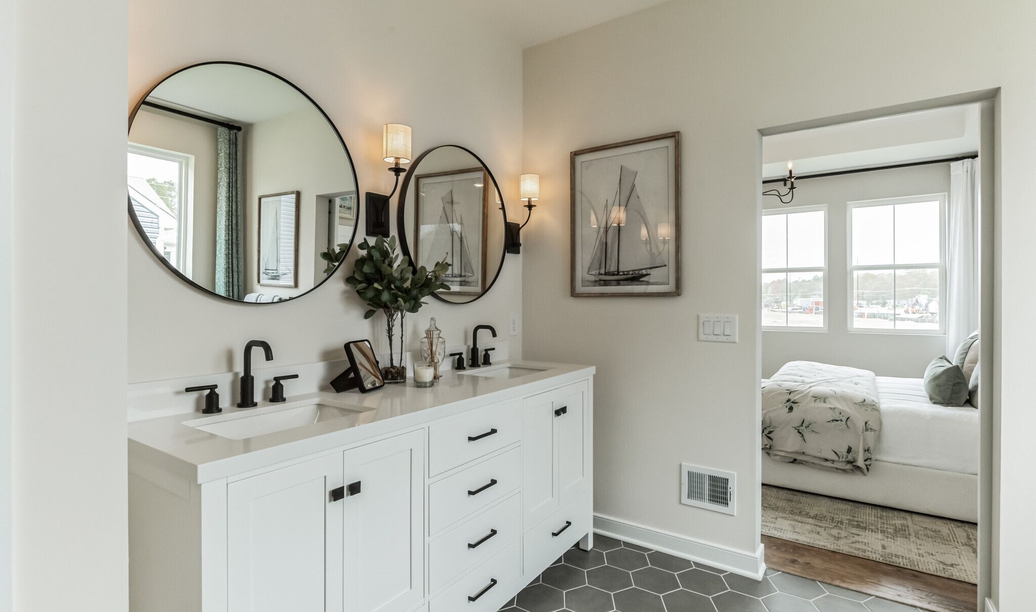 Primary bath with matte black hardware