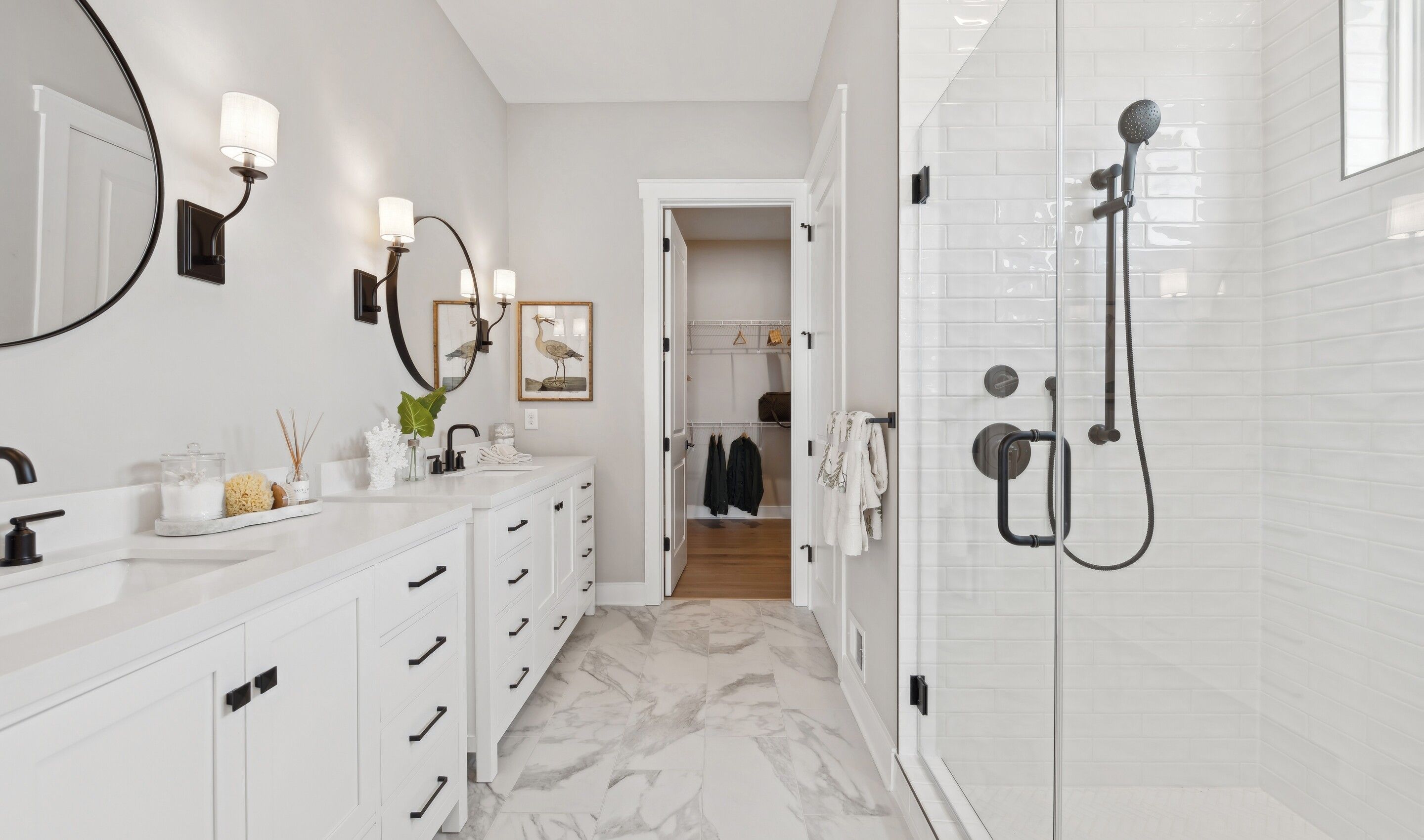 Primary bath with dual vanities & matte black hardware