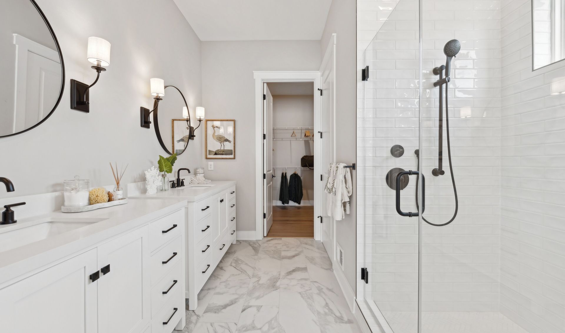 Primary bath with dual vanities & matte black hardware