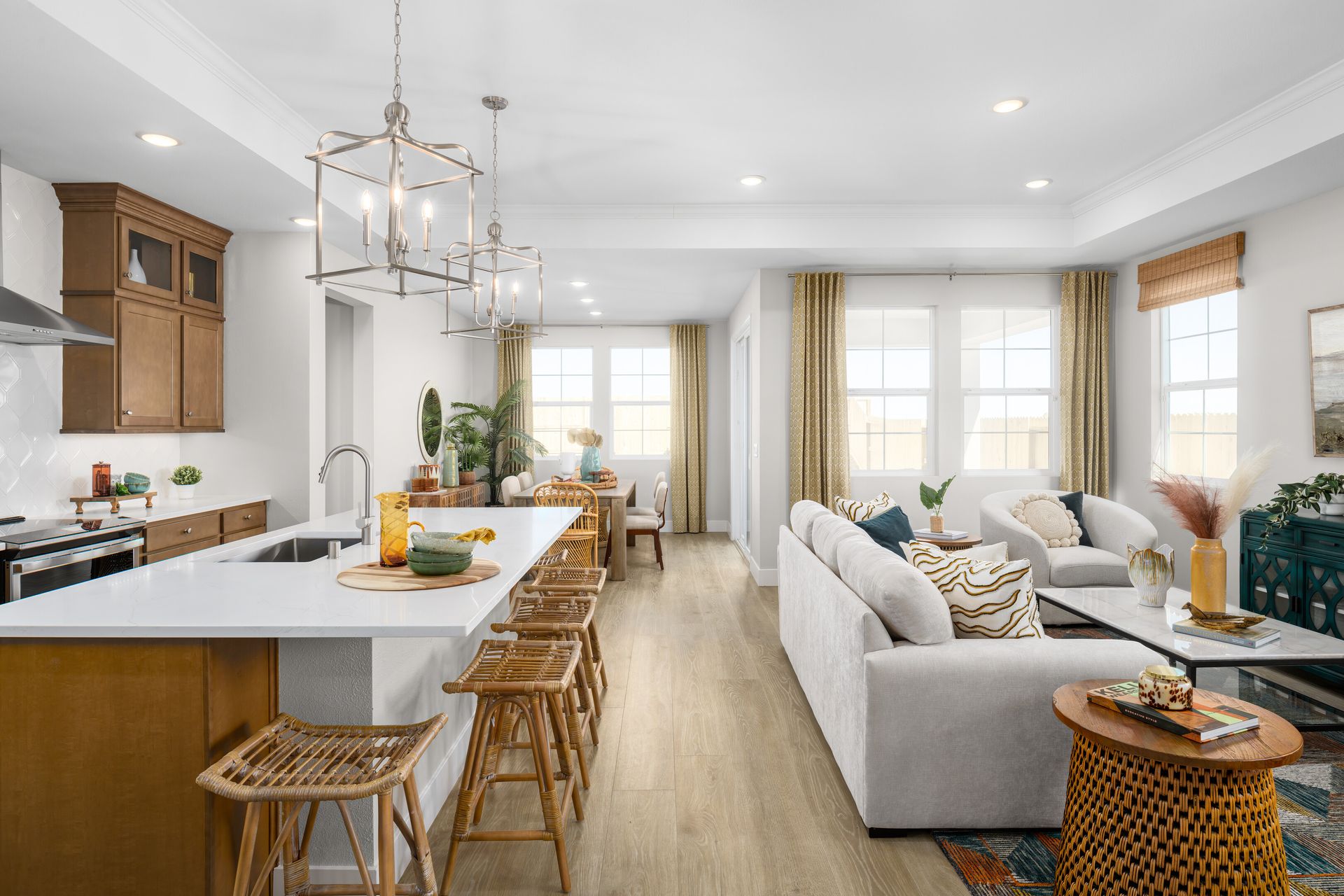 Stately pendant lighting over the kitchen island
