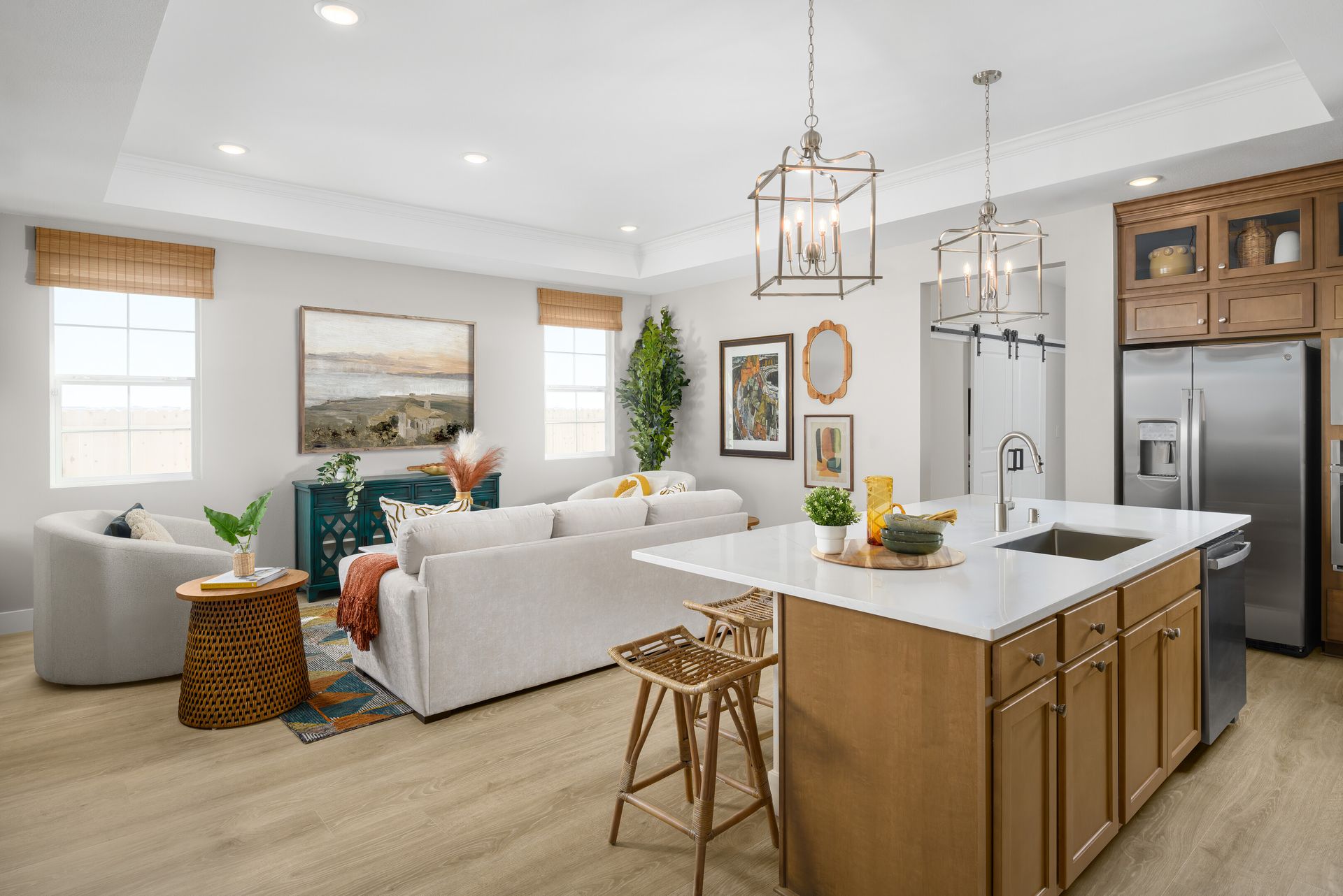 Great room with gorgeous flooring and pendant lighting