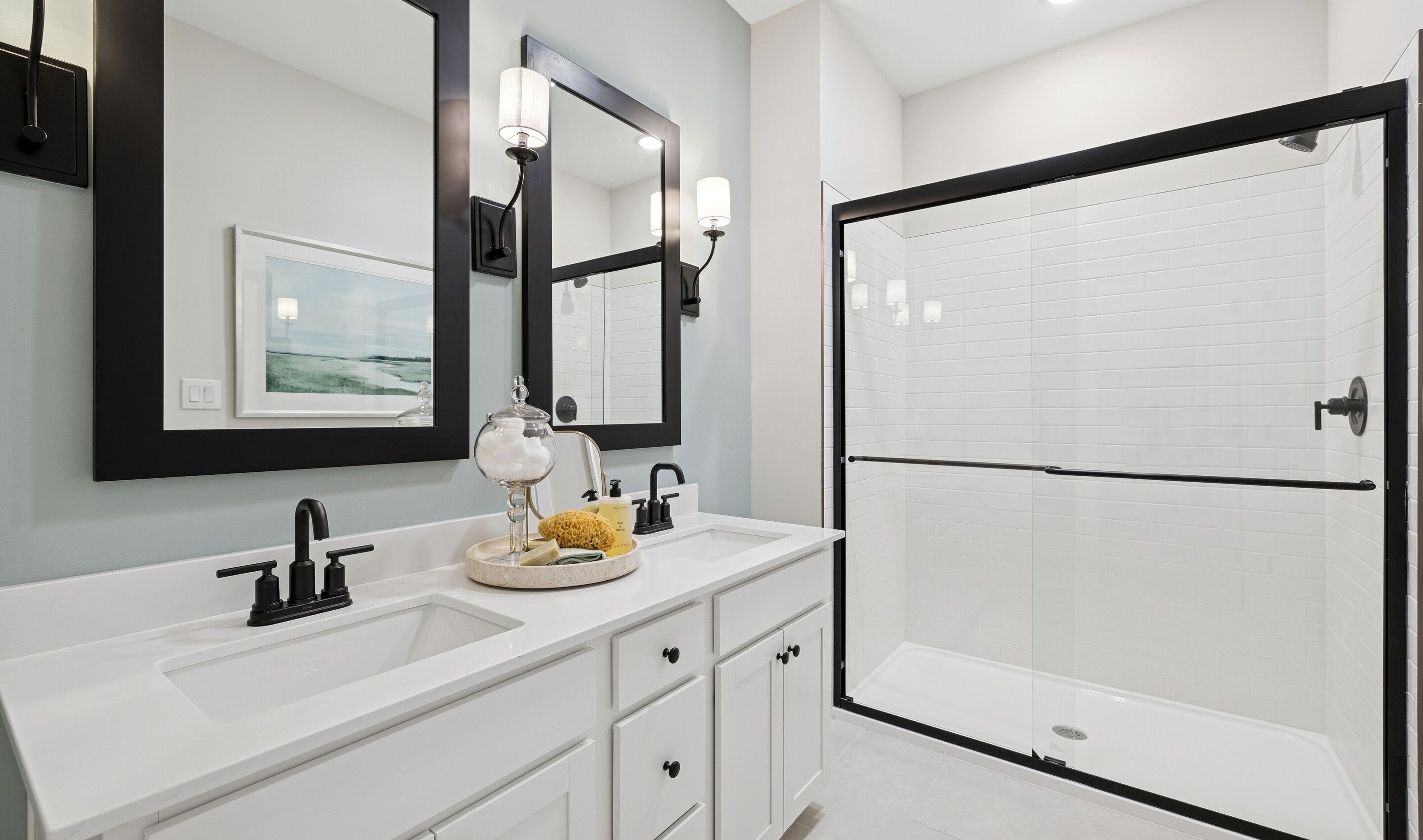 Primary bath with matte black fixtures