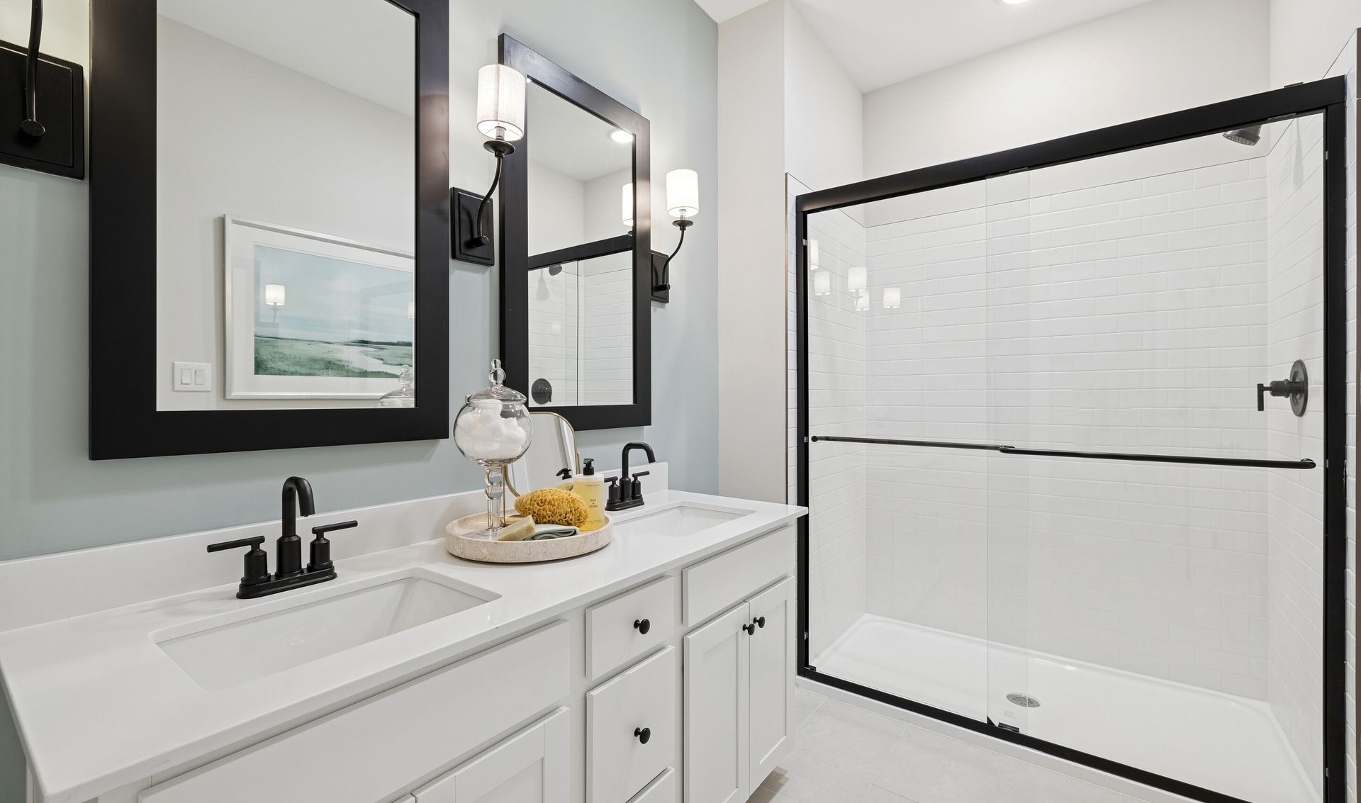 Primary bath with matte black fixtures