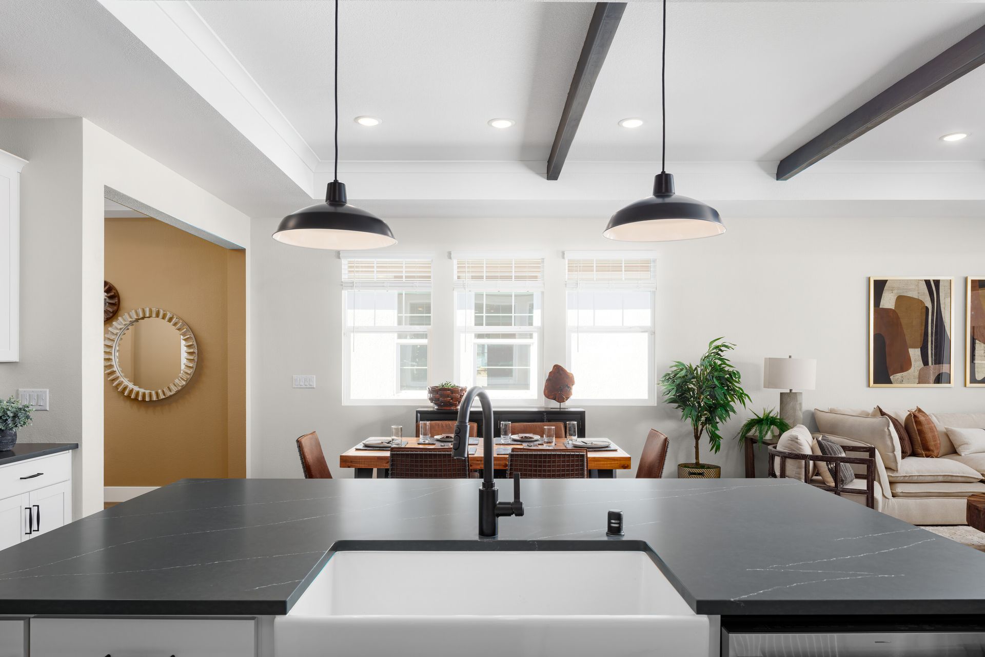 Matte black fixtures, pendant lighting and white apron-front sink