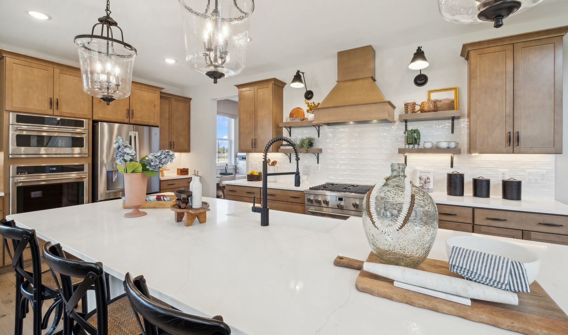 Kitchen with pendant lights over island