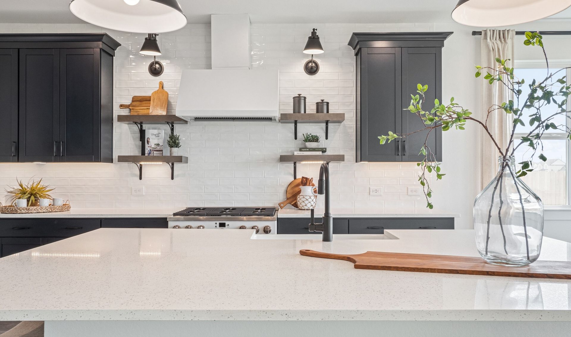 Kitchen with stylish floating shelves