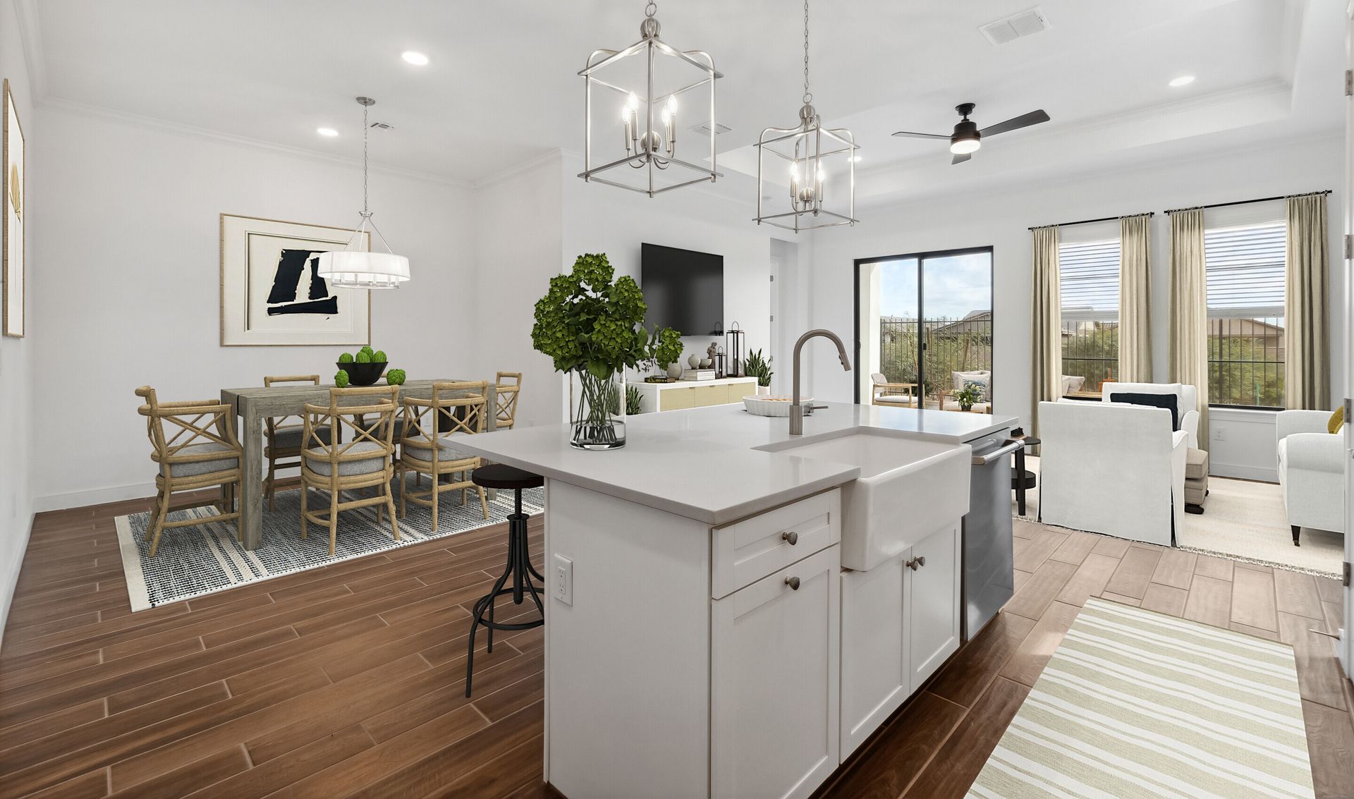 Kitchen with pendant lighting overlooking the great room